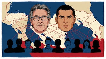 Ilustración con los rostros de Roberto Samcam y Joao Maldonado, una fila de 10 siluetas de personas, y mapas de Honduras y Costa Rica entrelazados con hilos rojos.