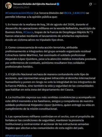La Tercera División del Ejército Nacional confirmó que el ataque ocurrió durante operaciones de control y seguridad territorial en el norte del Cauca - crédito @Ejercito_Div3 / X