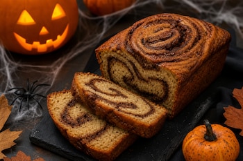 Pan horneado cortado en rebanadas sobre una tabla negra, acompañado de una calabaza iluminada, telarañas sintéticas, una araña y hojas secas.
