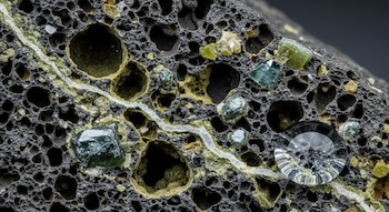Primer plano de una roca boninita oscura con textura porosa, cavidades, vetas verde oliva y azul verdoso, pequeños cristales y una gota de agua.