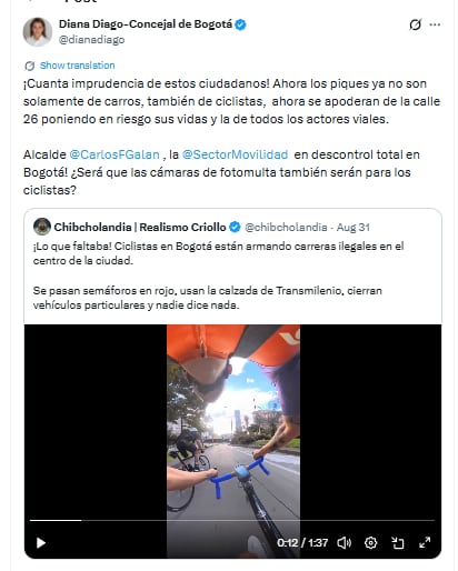 La concejal aseguró que las carreras de ciclistas en calzada de Transmilenio es una imprudencia - crédito @dianadiago/X