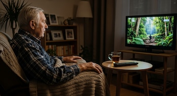 Hombre de edad avanzada sentado en un sillón, cubierto con una manta, mirando una televisión. En la mesa auxiliar, una taza y un control remoto.