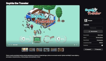 Página web de un videojuego con título 'Sophia the Traveler', tráiler, información de desarrolladores, fecha de lanzamiento y sellos de selección oficial