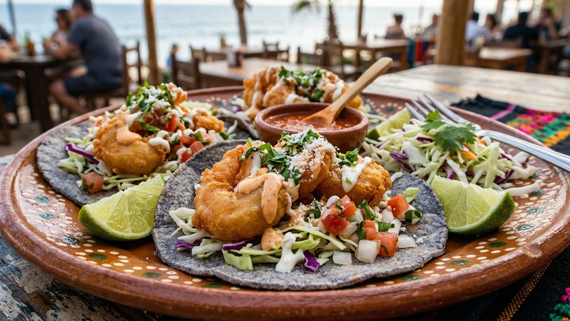 Un plato de tacos de camarón capeado, servidos con repollo, pico de gallo, salsas y limones, se disfruta en un restaurante frente al mar. (Gemini)