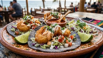 Primer plano de tacos de camarón capeado en tortillas azules, con repollo, pico de gallo, salsa y lima, sobre un plato de cerámica con un restaurante de playa de fondo