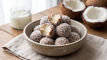 Cuenco con bolitas cubiertas de coco rallado, dos de ellas mordidas, junto a un tarro con yogur y dos mitades de coco sobre una mesa de madera.