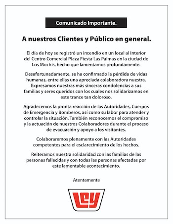 Comunicado de Casa Ley tras incendio en Los Mochis. (Facebook)