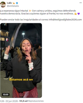 Lalis, representante electa por el Pacto Histórico, llama a la movilización de abogados para la vigilancia del escrutinio en Bogotá - crédito @smilelalis/X