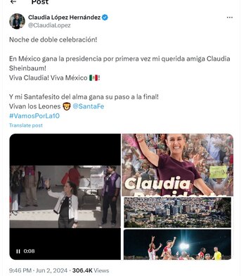 Claudia López felicita a Claudia Sheinbaum por su victoria electoral - crédito @ClaudiaLopez