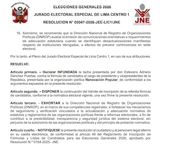 Resolución N° 00047-2026-JEE-LIC1/JNE