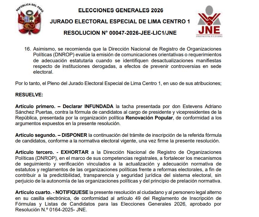 Resolución N° 00047-2026-JEE-LIC1/JNE