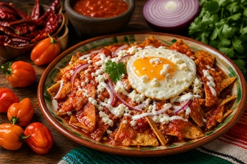 Plato hondo con chilaquiles en salsa roja, un huevo frito, queso picado y cebolla, rodeado de chiles habaneros y cebolla morada sobre madera.
