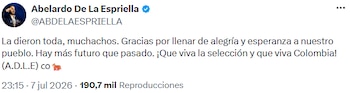 Abelardo de la Espriella agradeció a la Selección Colombia y destacó su aporte de esperanza - crédito @ABDELAESPRIELLA/X
