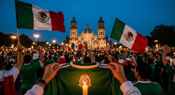 Multitud de personas, banderas de México, camisetas verdes de fútbol, Basílica de Guadalupe iluminada, una vela encendida, manos sosteniendo una camiseta verde.
