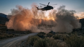 Helicóptero militar volando bajo sobre un camino de tierra con polvo denso, montañas de fondo y un vehículo táctico terrestre.