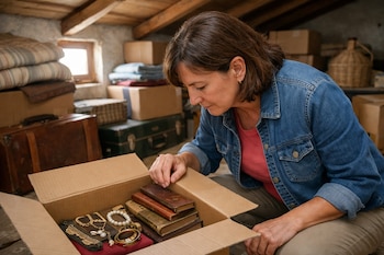 Mujer adulta agachada examina una caja de cartón abierta con libros antiguos y joyas. En el desván se ven cajas, maletas, mantas y vigas de madera.