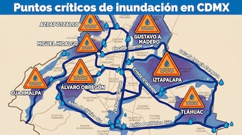 Mapa ilustrado de la Ciudad de México que señala alcaldías y vialidades. Zonas de riesgo de inundación están marcadas con íconos de advertencia de agua.