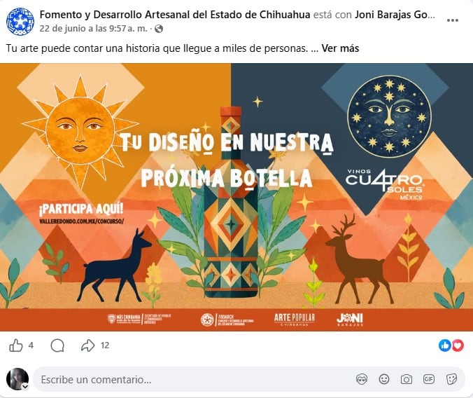 Un gráfico promocional de Fomento y Desarrollo Artesanal del Estado de Chihuahua anuncia un concurso de diseño para una botella de Vinos Cuatro Soles, con iconografía solar y lunar. (FODARCH/Gobierno de Chihuahua)