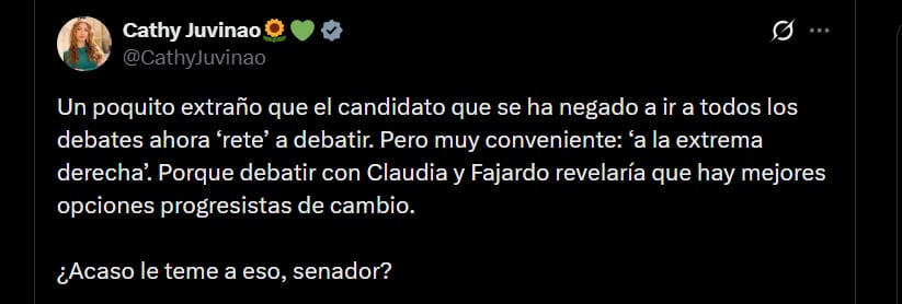 Cathy Juvinao también solicitó la presencia de Claudia López y Sergio Fajardo en los debates - crédito @CathyJuvinao/X