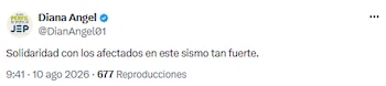 Diana Ángel envía mensaje de solidaridad a los afectados por el sismo - crédito @DianAngel01/X