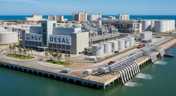 Vista aérea de una planta industrial grande con tanques y tuberías junto al océano; un edificio principal dice RGV Desal. Al fondo se ven edificios costeros.