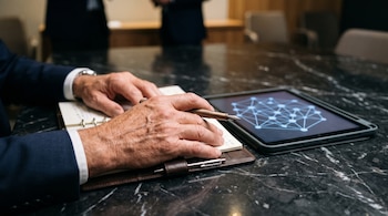 Manos de un hombre sosteniendo una pluma sobre una libreta abierta junto a una tableta con un diagrama de red.