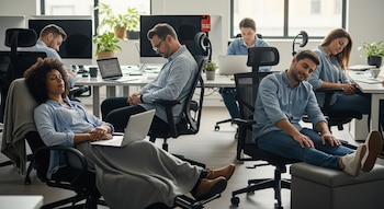 Seis personas en una oficina abierta descansan en sus sillas frente a escritorios con computadoras, laptops y plantas, una de ellas con reposapiés y manta.