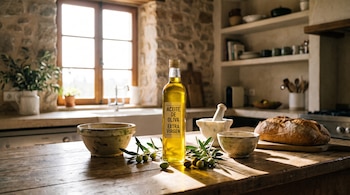 Botella de aceite de oliva, aceitunas con ramas, dos cuencos, mortero con mazo y pan sobre mesa de madera en cocina.