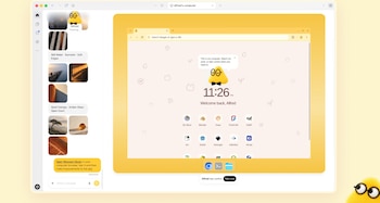 Captura de pantalla de la interfaz de ChatGPT con una ventana central de un escritorio virtual que contiene íconos de programas y un reloj
