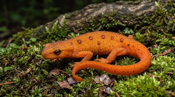 Salamandra de color naranja brillante con manchas rojas sobre un lecho de musgo verde y fragmentos de madera.