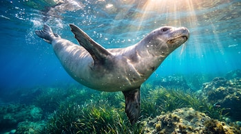 Foca monje nadando bajo el agua sobre vegetación marina con rayos de luz solar que cruzan la superficie.
