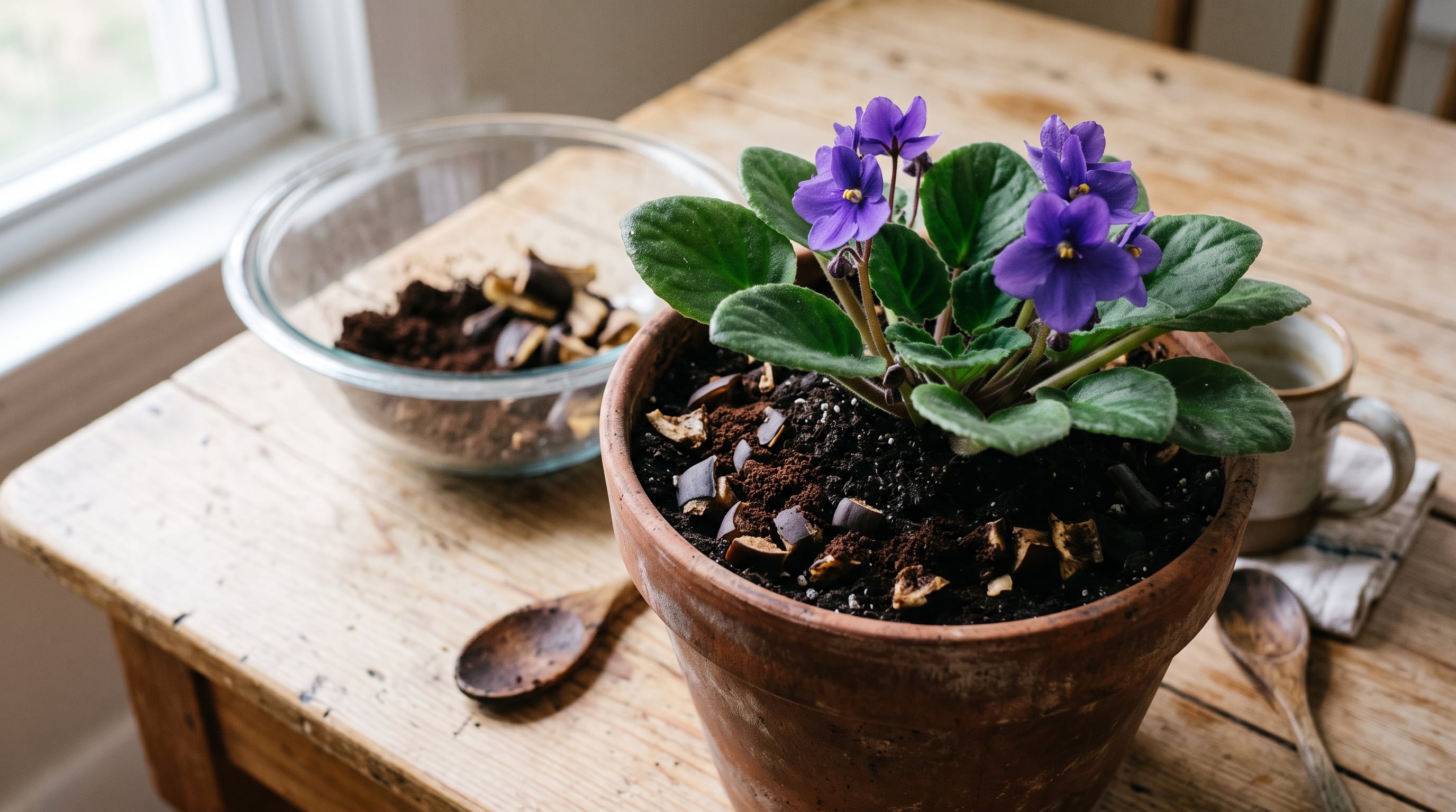 Una maceta con violetas africanas contiene borra de café y trozos de cáscara de plátano sobre la tierra como abono orgánico. (Imagen Ilustrativa Infobae)