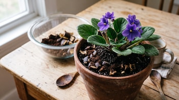 Una maceta de barro con una planta de violetas moradas, tierra cubierta con restos de café y trozos de cáscara de plátano sobre una mesa.