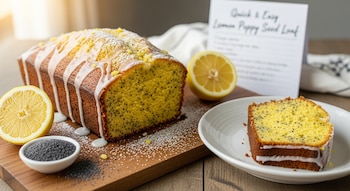 Budín de limón y amapola glaseado, una rebanada, limones partidos y semillas de amapola en tabla de madera. Tarjeta de receta borrosa al fondo.