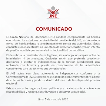 Comunicado oficial del Jurado Nacional de Elecciones (JNE) en fondo blanco, con su logo en la parte superior y texto en español sobre condena de hostigamiento
