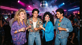 Dos mujeres y dos hombres con ropa brillante, peinados abultados y prendas de mezclilla posan en una discoteca con bola de espejos.