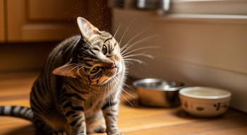 Un gato doméstico atigrado de pelo corto sacude la cabeza con gotas de agua, junto a un plato de metal y un cuenco de cerámica con agua, sobre un suelo de madera.