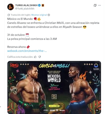 Canelo vs Mbilli se realizará el 31 de octubre (X/ @Turki_alalshikh)