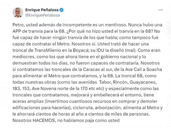 Peñalosa calificó a Petro de incompetente y mentiroso, cuestionando su capacidad para llevar a cabo proyectos de transporte durante su gestión como alcalde de Bogotá - crédito @EnriquePenalosa/X