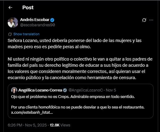 Andrés Escobar contestó al mensaje de Angélica Lozano - crédito @escobarandres90