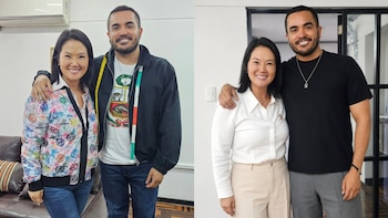 Dos imágenes muestran a una mujer de mediana edad y un hombre joven posando juntos y sonriendo. El hombre lleva un centímetro de costura en la primera foto