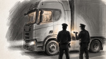 Ilustración en escala de grises de dos agentes de espaldas con linterna ante un camión de carga iluminado.