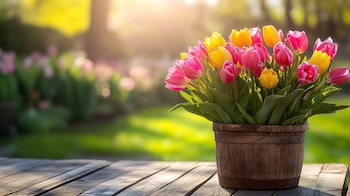 Maceta decorativa con tulipanes de colores vivos, ubicada en un entorno natural o doméstico. – (Imagen Ilustrativa Infobae)
