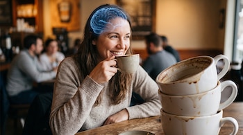 Una mujer bebe de una taza junto a tres tazas apiladas con manchas de café, con una gráfica azul de un cerebro sobre su cabeza.