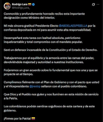 Rodrigo Lara agradeció al presidente electo, Abelardo de la Espriella, por la confianza y aseguró que trabajará por el fortalecimiento de las instituciones y el Estado de derecho - crédito Rodrigo Lara/X