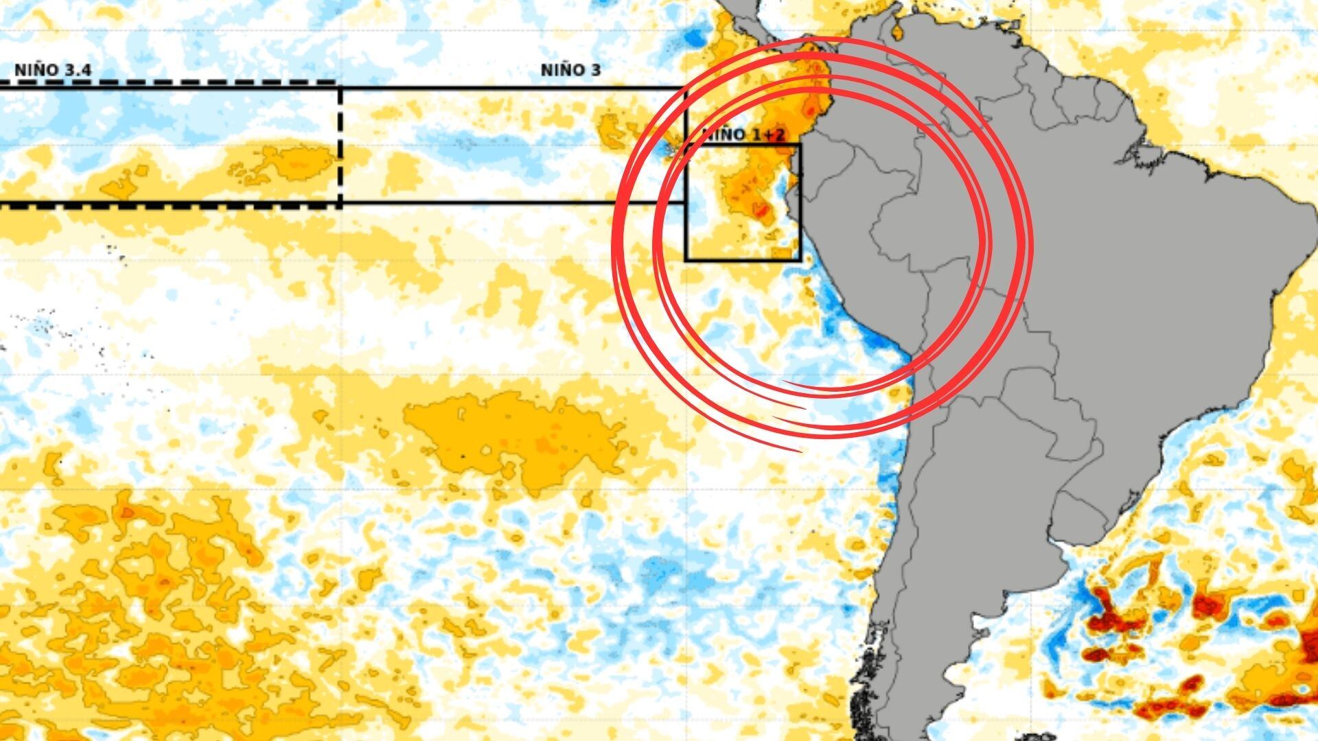 Mapa satelital, sacado del portal oficial del Senamhi, que grafica cómo va la temperatura superficial del mar (TSM). (Crédito: Senamhi)