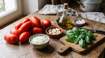 Tomates perita, ajo pelado, cebolla picada, albahaca fresca y aceite de oliva sobre una mesa de madera junto a un cuchillo.