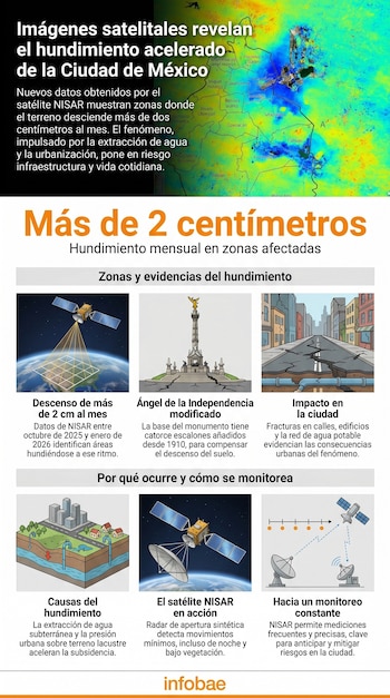 Infografía sobre el hundimiento de Ciudad de México. Contiene mapa satelital de la ciudad, ilustraciones del satélite NISAR, monumento, calles y extracción de agua.