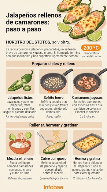 Infografía con ilustraciones de jalapeños, ingredientes salteados en sartén, mezcla con queso crema y una bandeja para hornear.