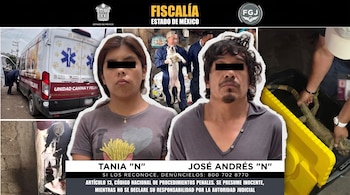 Ficha de la Fiscalía del Estado de México con retratos de Tania N y José Andrés N sobre imágenes de un resguardo de animales y una iguana.
